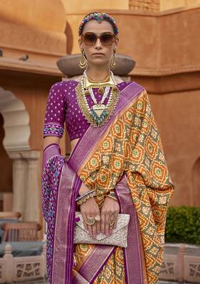 Mustard Colour Cotton Silk Patola Printed Saree By Monjolika Fashion 2