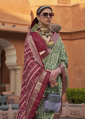 Mehendi Colour Cotton Silk Patola Printed Saree By Monjolika Fashion 2