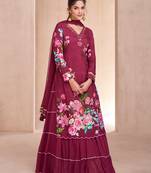 Wine colour printed pure muslin partwear dress for women