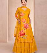 Mustard colour printed pure muslin partwear dress for women