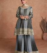 Black & grey colour chinon silk embroidered sharara suit with dupatta
