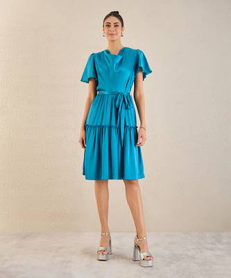 True blue cowl neck satin dress with belt 1