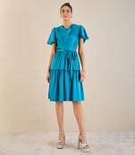 True blue cowl neck satin dress with belt