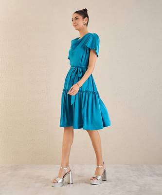 True blue cowl neck satin dress with belt 2