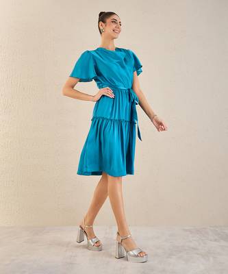 True blue cowl neck satin dress with belt 3