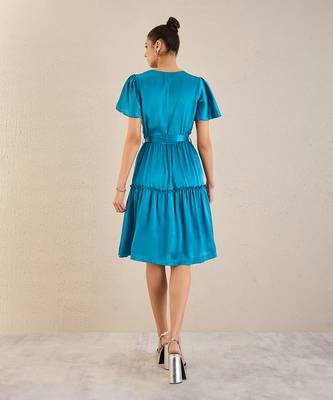 True blue cowl neck satin dress with belt 4