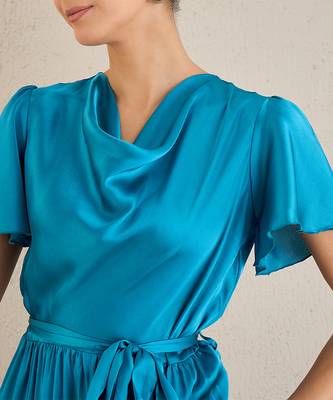 True blue cowl neck satin dress with belt 5