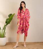 Fuchsia and bronze floral mid length kaftan