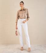 Hazel brown pintucked satin shirt