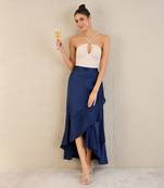 Navy blue satin broad frill long skirt