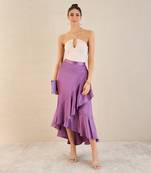 Lilac satin broad frill long skirt