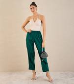 Teal crystal embellished satin straight pants