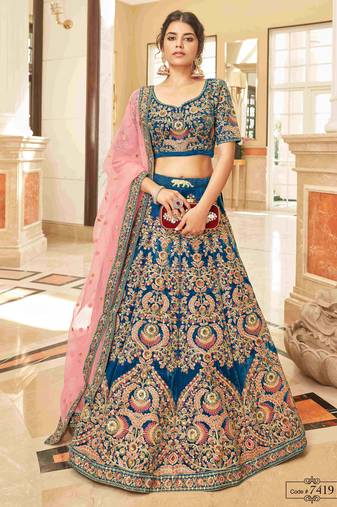 Gorgeous Blue Embroidered Velvet Bridal Wear Lehenga Choli