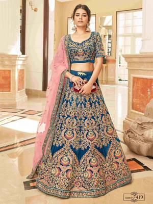 blue embroidered velvet bridal lehenga set choli with dupatta 1