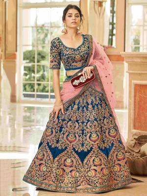 blue embroidered velvet bridal lehenga set choli with dupatta 2