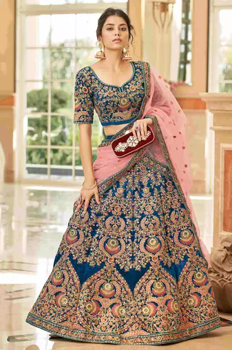 blue embroidered velvet bridal lehenga set choli with dupatta