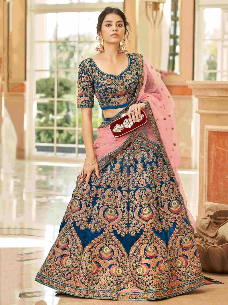 Gorgeous Blue Embroidered Velvet Bridal Wear Lehenga Choli