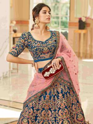 blue embroidered velvet bridal lehenga set choli with dupatta 3