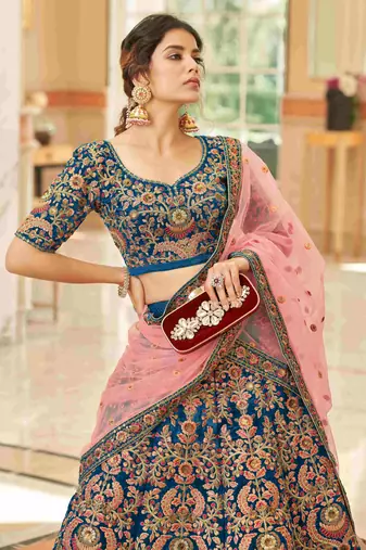 blue embroidered velvet bridal lehenga set choli with dupatta