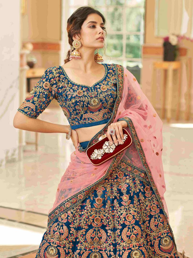 Gorgeous Blue Embroidered Velvet Bridal Wear Lehenga Choli