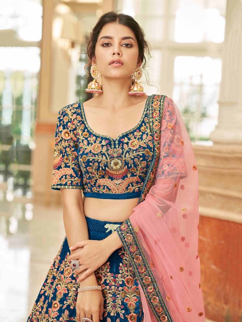Gorgeous Blue Embroidered Velvet Bridal Wear Lehenga Choli