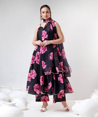 Black carnation organza anarkali set 1