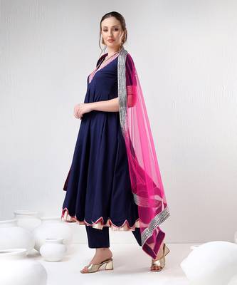 Royal blue raani pink cotton silk anarkali set 1