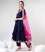 Royal blue raani pink cotton silk anarkali set