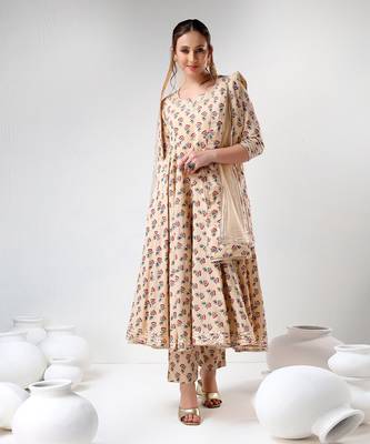 Sand floral print cotton anarkali set 1