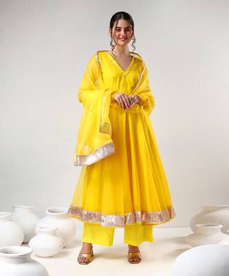 Yellow organza gotta work anarkali set 1
