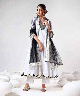 White and black cotton anarkali set 1