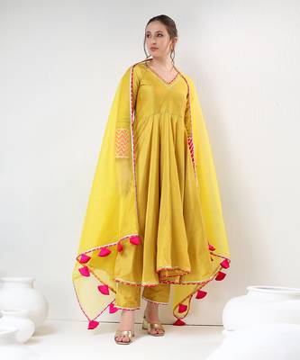 Yellow cotton silk gotta work anarkali set 1