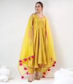 Yellow cotton silk gotta work anarkali set
