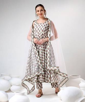 White hand block print cotton anarkali set 1