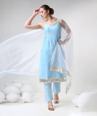 Aqua blue cotton silk suit set 1