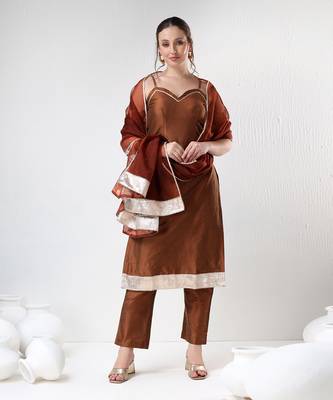 Brown cotton silk suit set 1