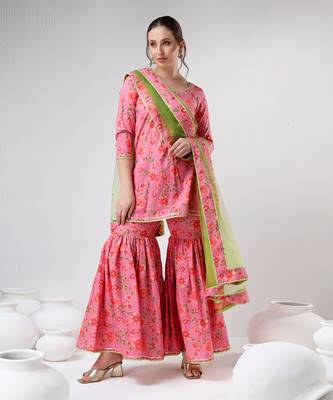 Pink floral print cotton sharara set 1