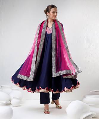 Royal blue raani pink cotton silk anarkali set 2
