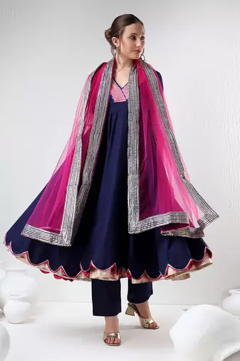 Royal blue raani pink cotton silk anarkali set