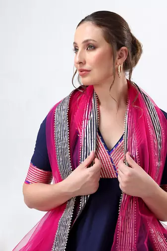 Royal blue raani pink cotton silk anarkali set