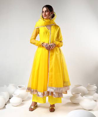 Yellow organza gotta work anarkali set 2