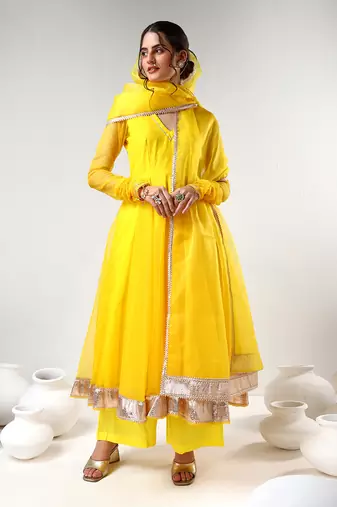 Yellow organza gotta work anarkali set
