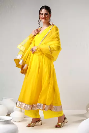 Yellow organza gotta work anarkali set