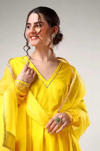 Yellow organza gotta work anarkali set
