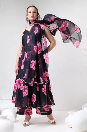 Black carnation organza anarkali set