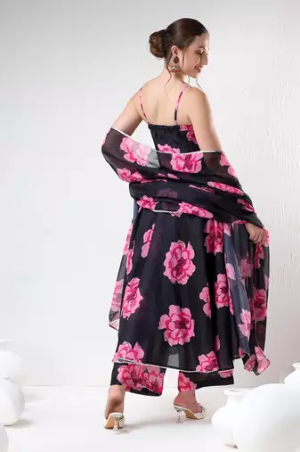 Black carnation organza anarkali set