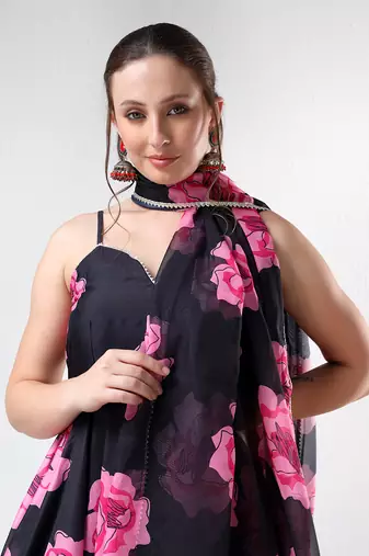Black carnation organza anarkali set