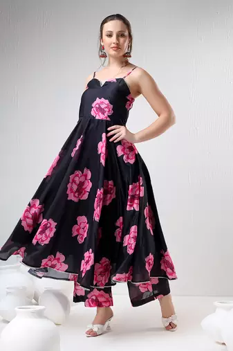 Black carnation organza anarkali set