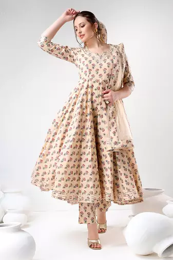 Sand floral print cotton anarkali set