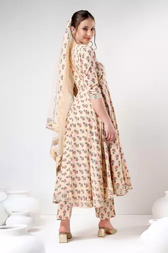 Sand floral print cotton anarkali set